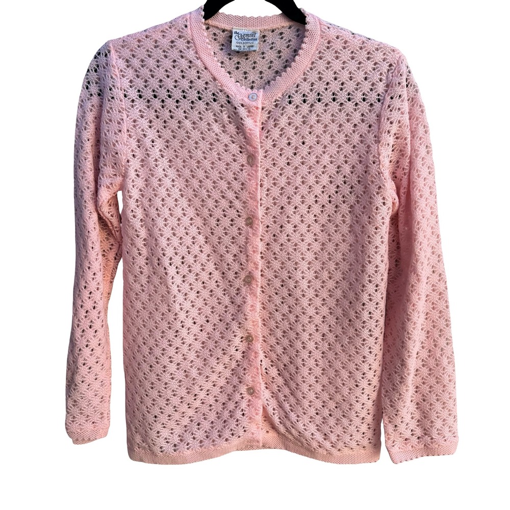 Gemini Vintage 70s 80s Coquette Pointelle Scalloped Knit Cardigan Pastel Pink L